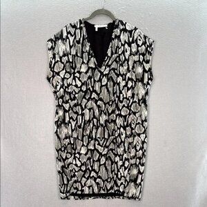 Derek Lam - NWOT Women's 100% silk black/cream print midi dress cap sleeves SZ 4